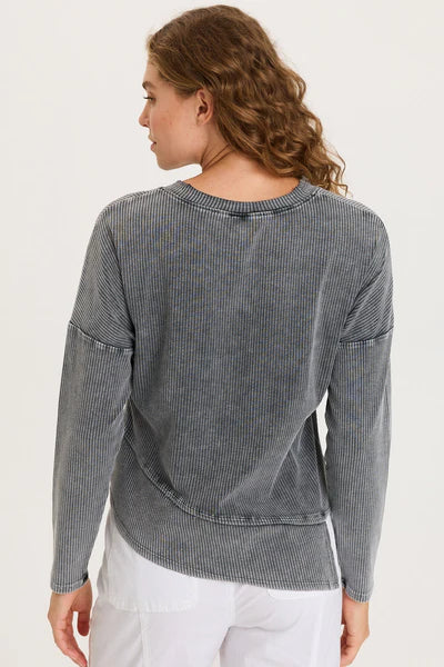XCVI Hadden Asymmetrical Hem Long Sleeve Top  in Distress Wash Black