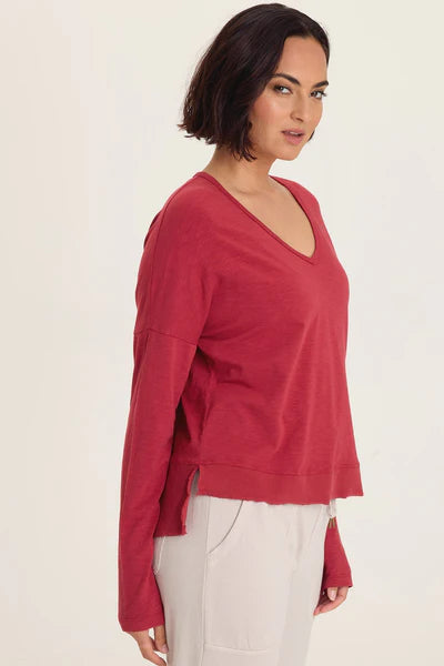 XCVI Wearables Odilia High-Low Long Sleeve V-Neck Top  in Corundum