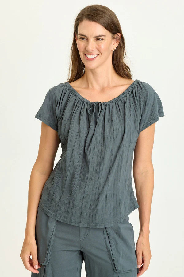 XCVI Wearables Selda Textured Gauze Cinched Top  in Hawthorn Leaf