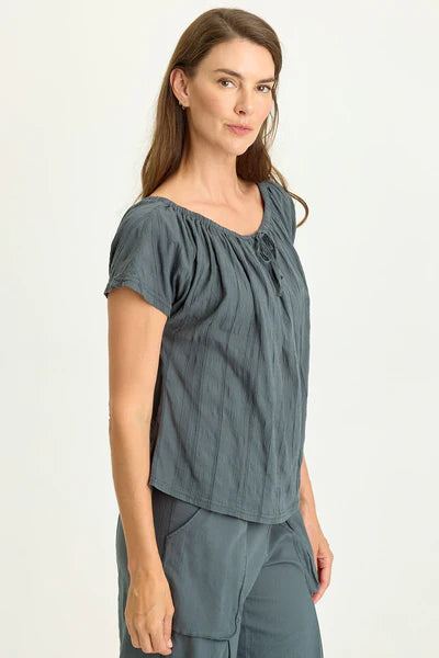 XCVI Wearables Selda Textured Gauze Cinched Top  in Hawthorn Leaf
