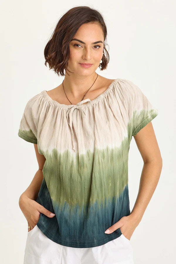 XCVI Wearables Selda Textured Gauze Cinched Top  in Tricolor Ombre Hawthorn