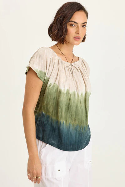 XCVI Wearables Selda Textured Gauze Cinched Top  in Tricolor Ombre Hawthorn