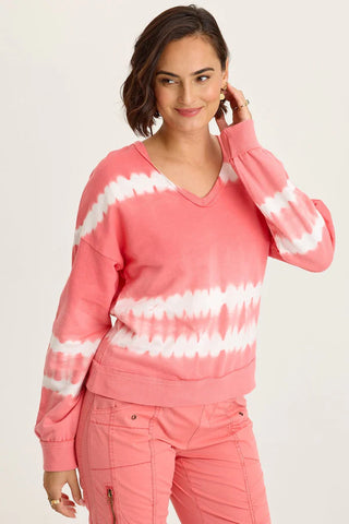 XCVI Wearables Rolin Terry V-Neck Pullover  in Caravel Wash Guava