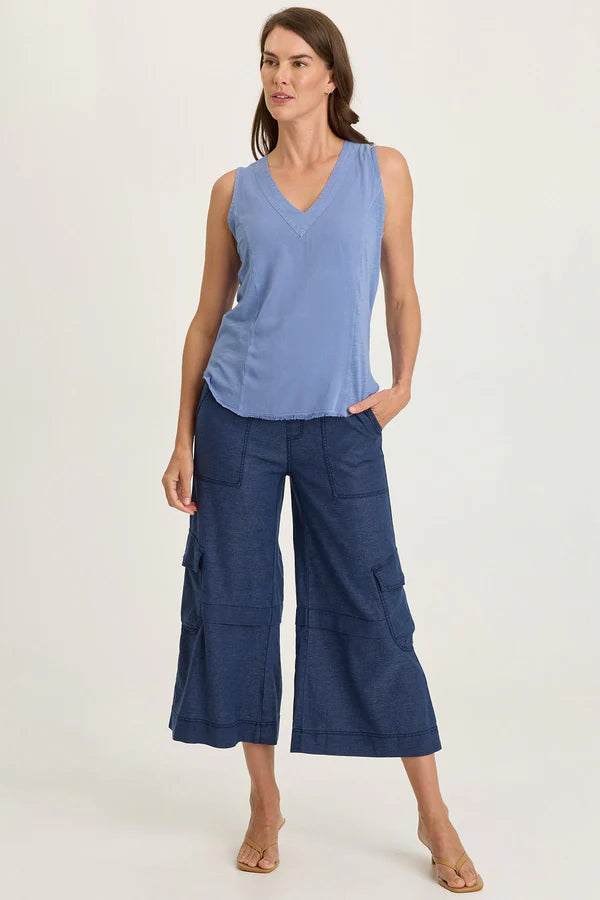 XCVI Wearables Nila Twill/Jersey V-Neck Tank  in Shasta Lake