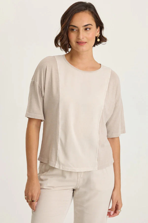 XCVI Wearables Lino Twill/Jersey Boat Neck Tee  in Clay Pot Pigment