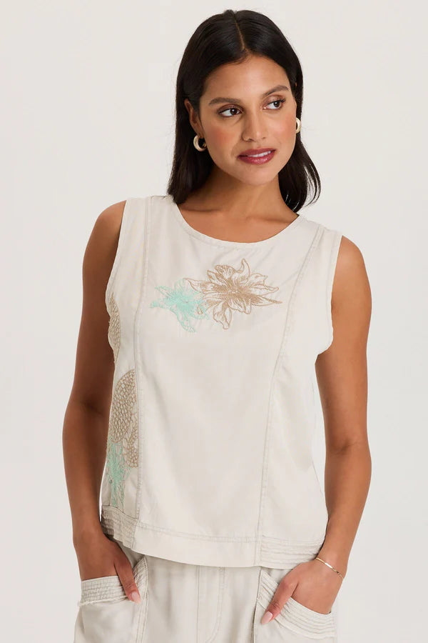 XCVI Davies Embroidered Twill/Jersey Tank  in Center Stage Pigment