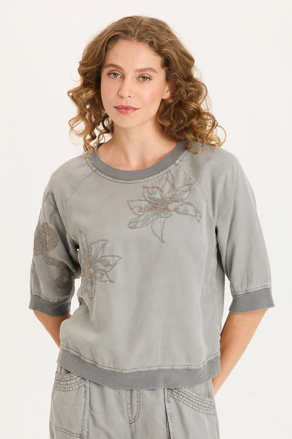 XCVI Linton Embroidered Twill/Rib Snap-Up Back Top  in Magnetic Grey Pigment
