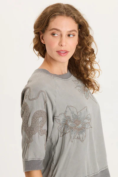 XCVI Linton Embroidered Twill/Rib Snap-Up Back Top  in Magnetic Grey Pigment