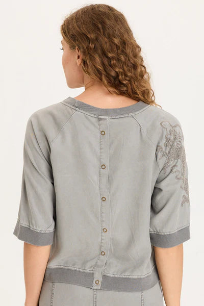 XCVI Linton Embroidered Twill/Rib Snap-Up Back Top  in Magnetic Grey Pigment