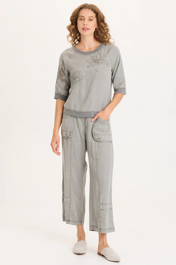 XCVI Linton Embroidered Twill/Rib Snap-Up Back Top  in Magnetic Grey Pigment