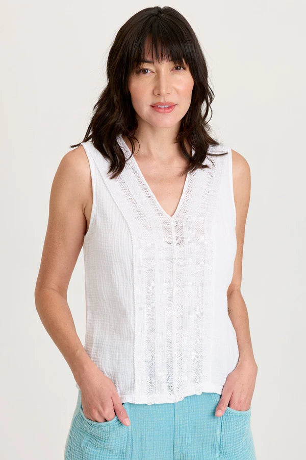 XCVI Reid Gauze/Crochet V-Neck Tank  in White