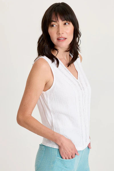 XCVI Reid Gauze/Crochet V-Neck Tank  in White