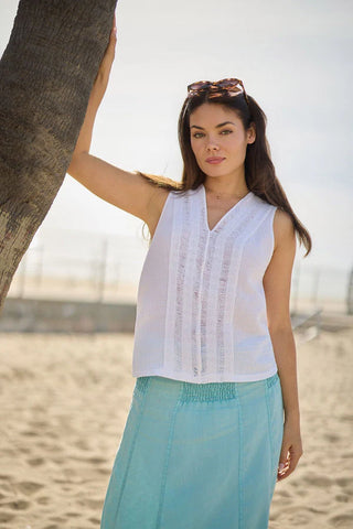 XCVI Reid Gauze/Crochet V-Neck Tank  in White