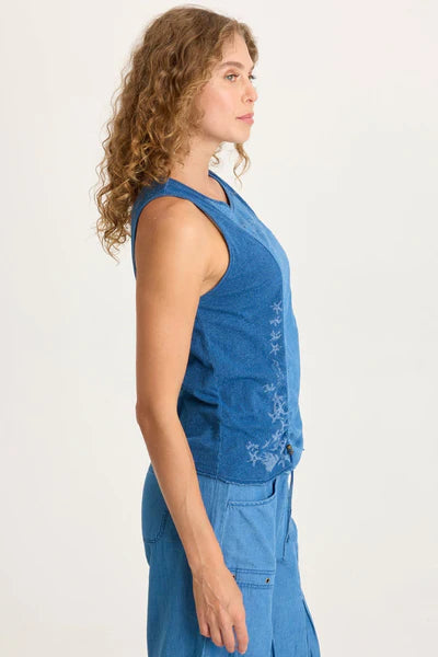 XCVI Cobie Printed Indigo Corded Tank  in Etiolate Wash