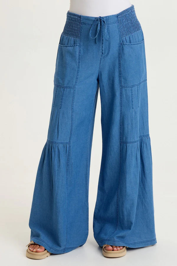 XCVI Zain Indigo Twill Tiered Wide Leg Etiolate Wash