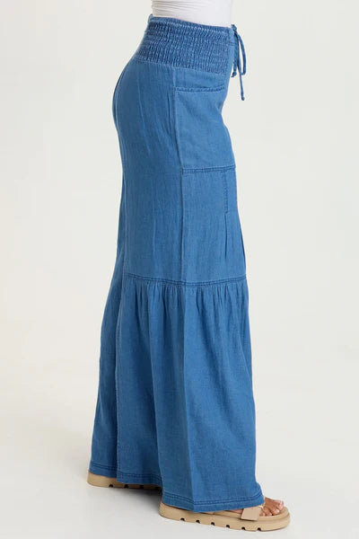 XCVI Zain Indigo Twill Tiered Wide Leg Etiolate Wash