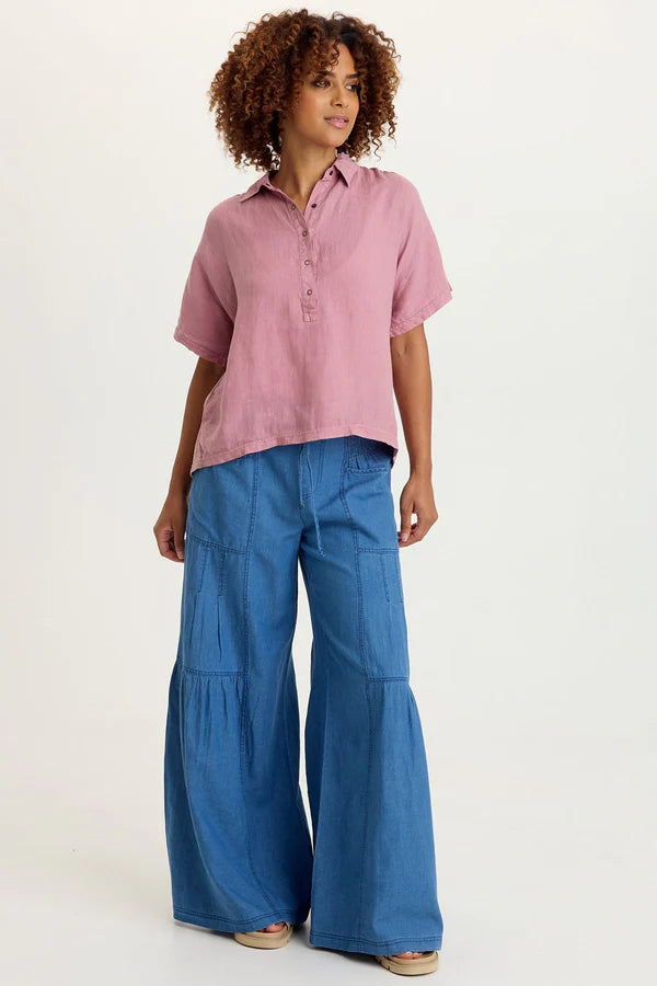 XCVI Zain Indigo Twill Tiered Wide Leg Etiolate Wash
