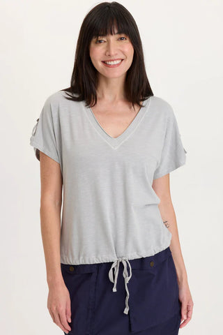 XCVI Wearables Knit Bower Cinchable Hem Top Soft Pebble Pigment