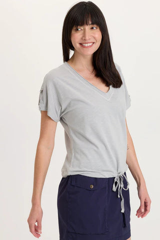 XCVI Wearables Knit Bower Cinchable Hem Top Soft Pebble Pigment