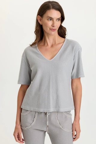 XCVI Wearables Lorn Crepe Knit V-Neck Tee Soft Pebble Pigment
