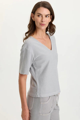 XCVI Wearables Lorn Crepe Knit V-Neck Tee Soft Pebble Pigment