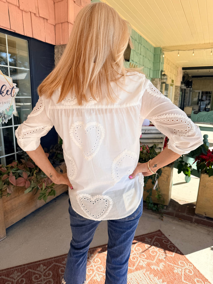 Charlie B Textured Fabric Long Roll Up Sleeve Button Down Blouse - White