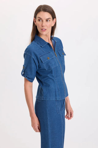 XCVI Wearables Tammen Indigo Twill Short Sleeve Shacket Coruscate Wash