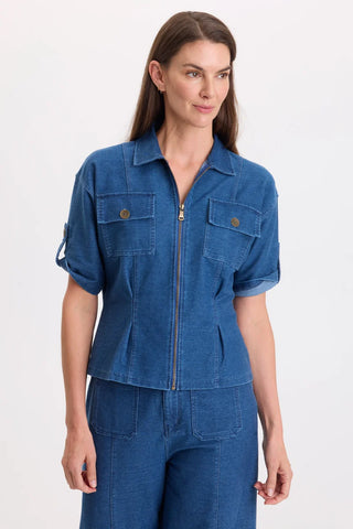 XCVI Wearables Tammen Indigo Twill Short Sleeve Shacket Coruscate Wash