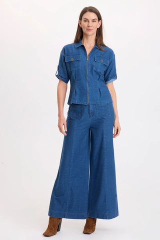 XCVI Wearables Tammen Indigo Twill Short Sleeve Shacket Coruscate Wash