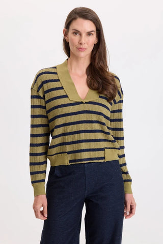 XCVI Wearables Fonz Stripe V-Neck Top Artichoke Pigment