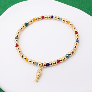 Splendid Iris Fish Charm Beaded Stretch Bracelet