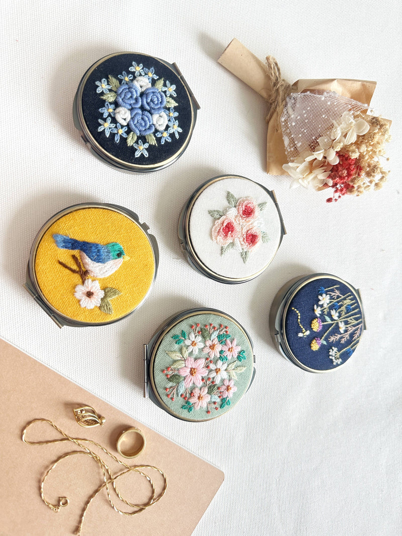 Floral Embroidered Round Jewelry Box (or Pill Box) With MirrorSuccess