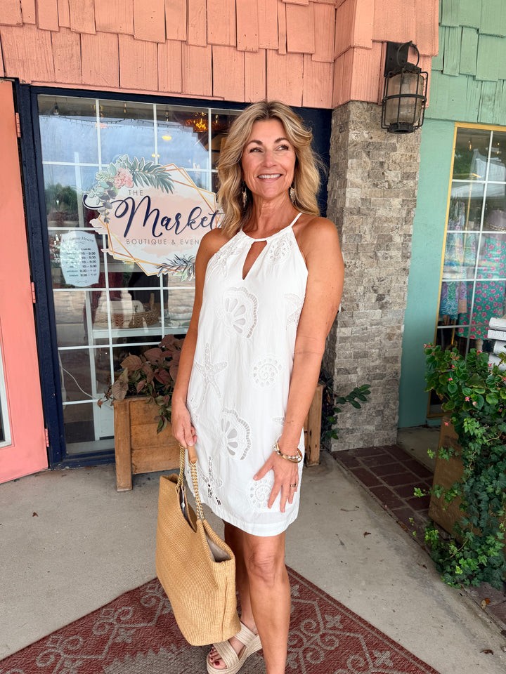 Coastal Seaside Embroidered Eyelet Dress