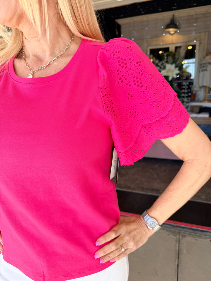 Liverpool Short Sleeve Knit to Woven Top With Embroidery - Diva Pink