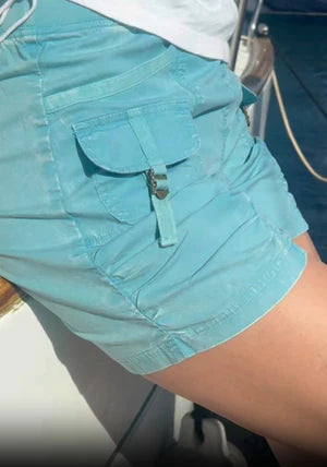 XCVI Prosper Poplin Ruched Buckle-Pockets Short - Distress Wash Fresco