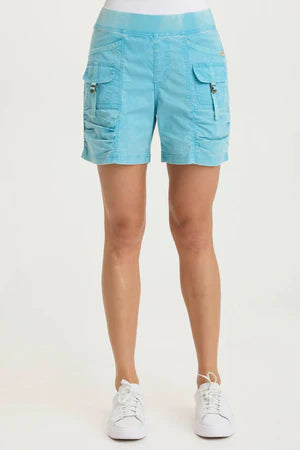 XCVI Prosper Poplin Ruched Buckle-Pockets Short - Distress Wash Fresco