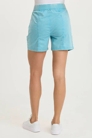 XCVI Prosper Poplin Ruched Buckle-Pockets Short - Distress Wash Fresco