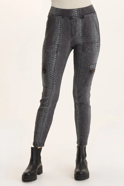 Patterned leggings worn by a person on a white background