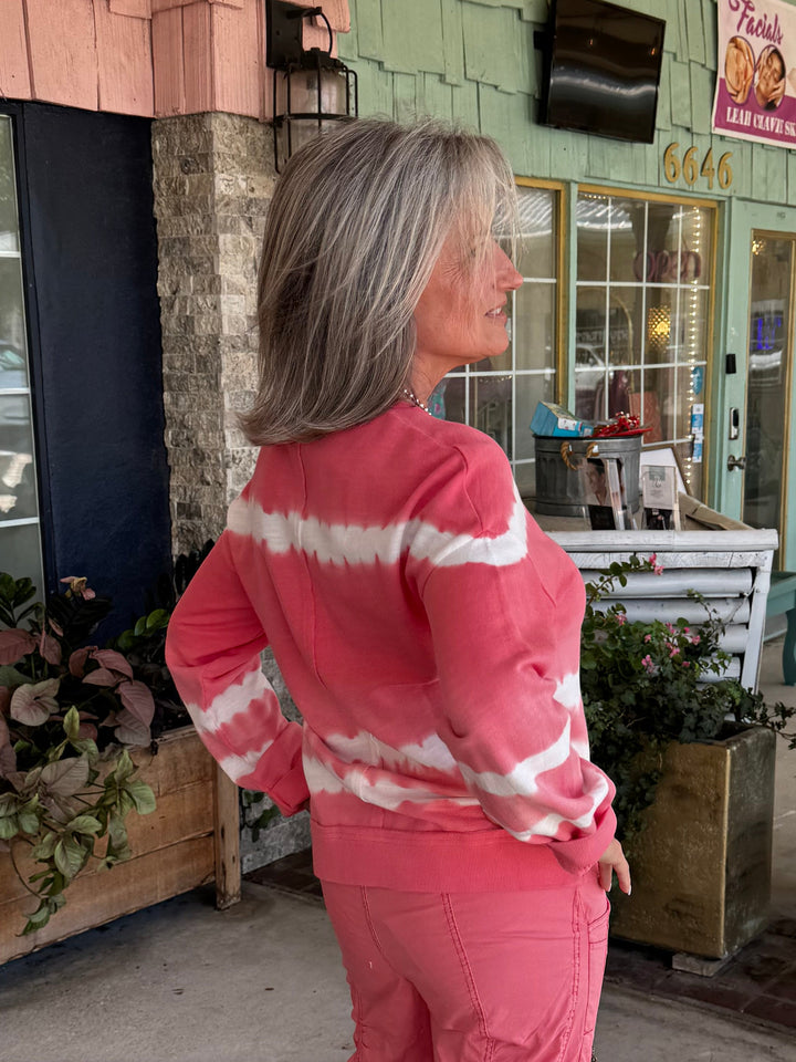 XCVI Wearables Rolin Terry V-Neck Pullover  in Caravel Wash Guava