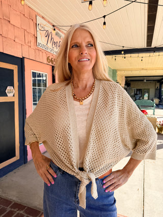 Charlie B Dolman Elbow Sleeve Tie Front Crochet Lurex Sweater Shrug - Gold