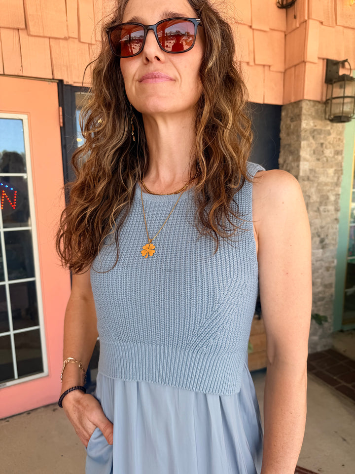 Liverpool Sleeveless Tie Back Sweater Woven Dress Malibu Blue