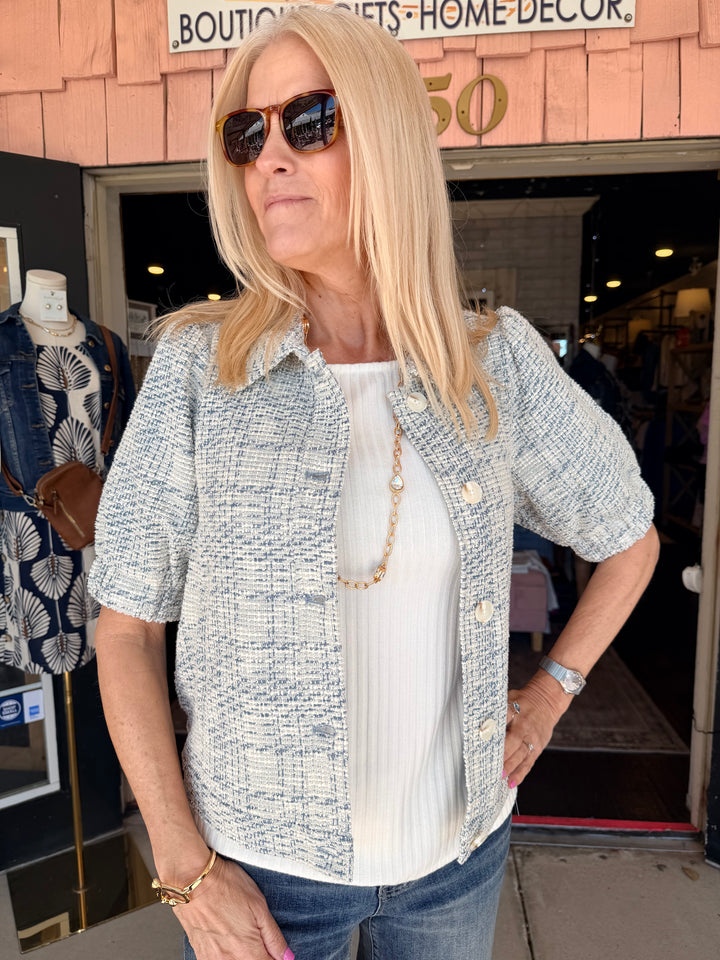 Liverpool Short Puff Sleeve Cropped Jacket - Cream Blue Plaid