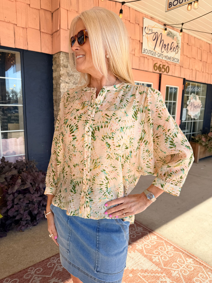 Tribal Flowy Dolman Sleeve Blouse With Self-Covering Buttons - Cactusclay
