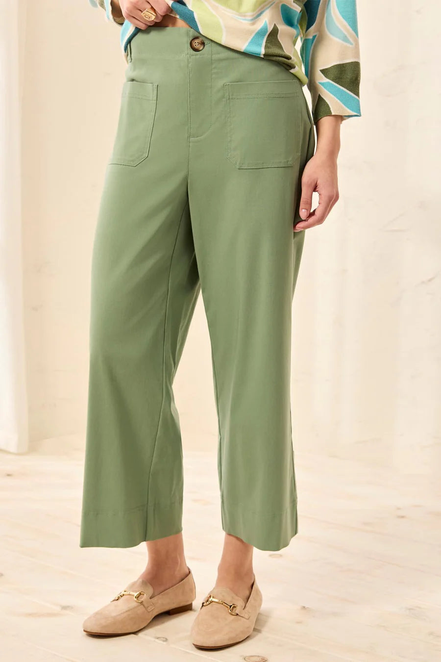 Tribal Signature Stretch Twill Button‑Front Wide‑Leg Ankle Pants - Moss
