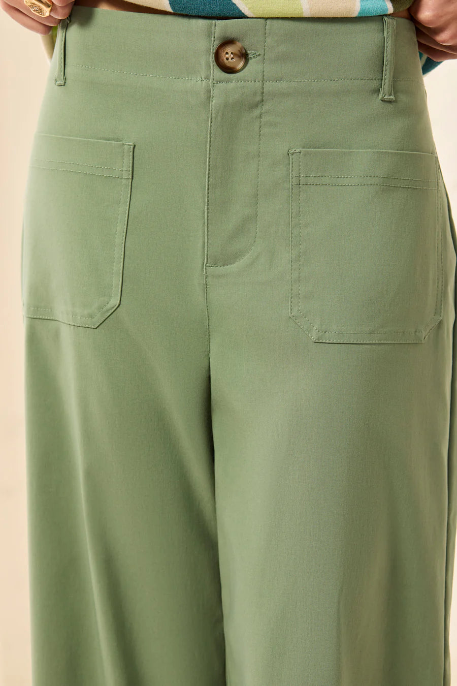 Tribal Signature Stretch Twill Button‑Front Wide‑Leg Ankle Pants - Moss