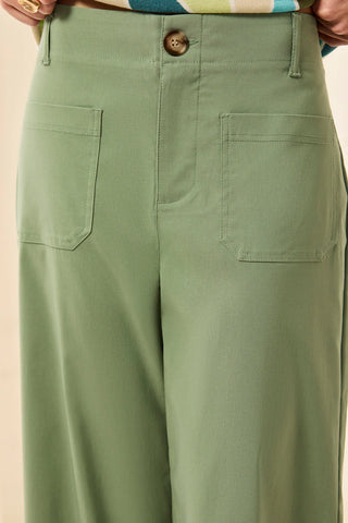 Tribal Signature Stretch Twill Button‑Front Wide‑Leg Ankle Pants - Moss