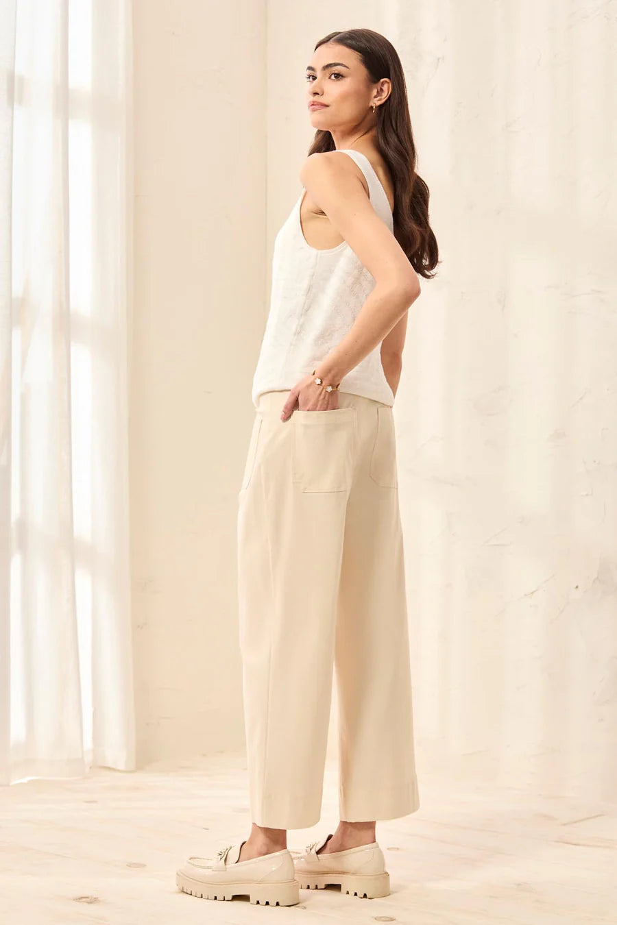 Tribal Signature Stretch Twill Button‑Front Wide‑Leg Ankle Pants - Canvas