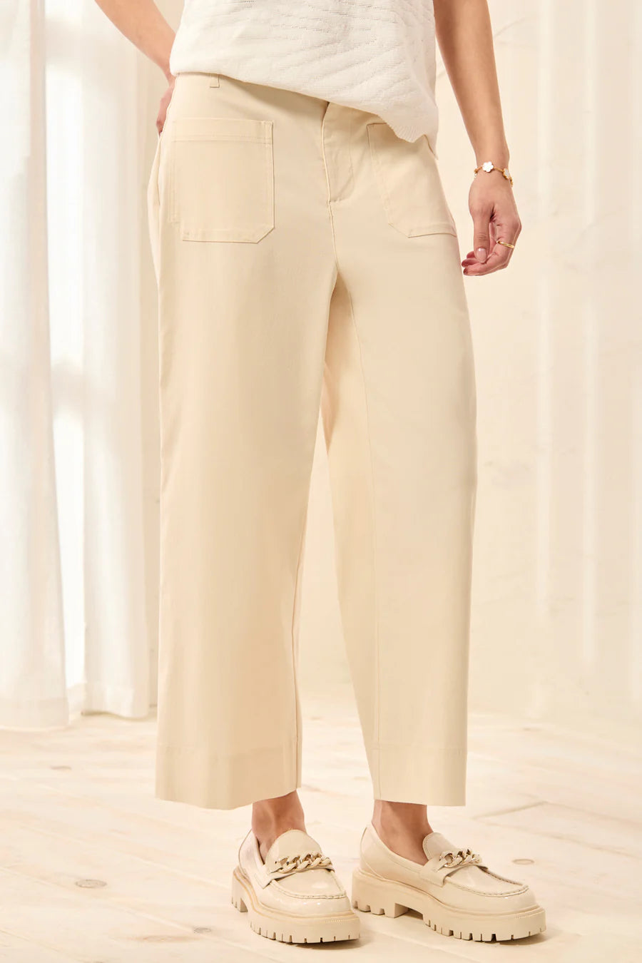 Tribal Signature Stretch Twill Button‑Front Wide‑Leg Ankle Pants - Canvas