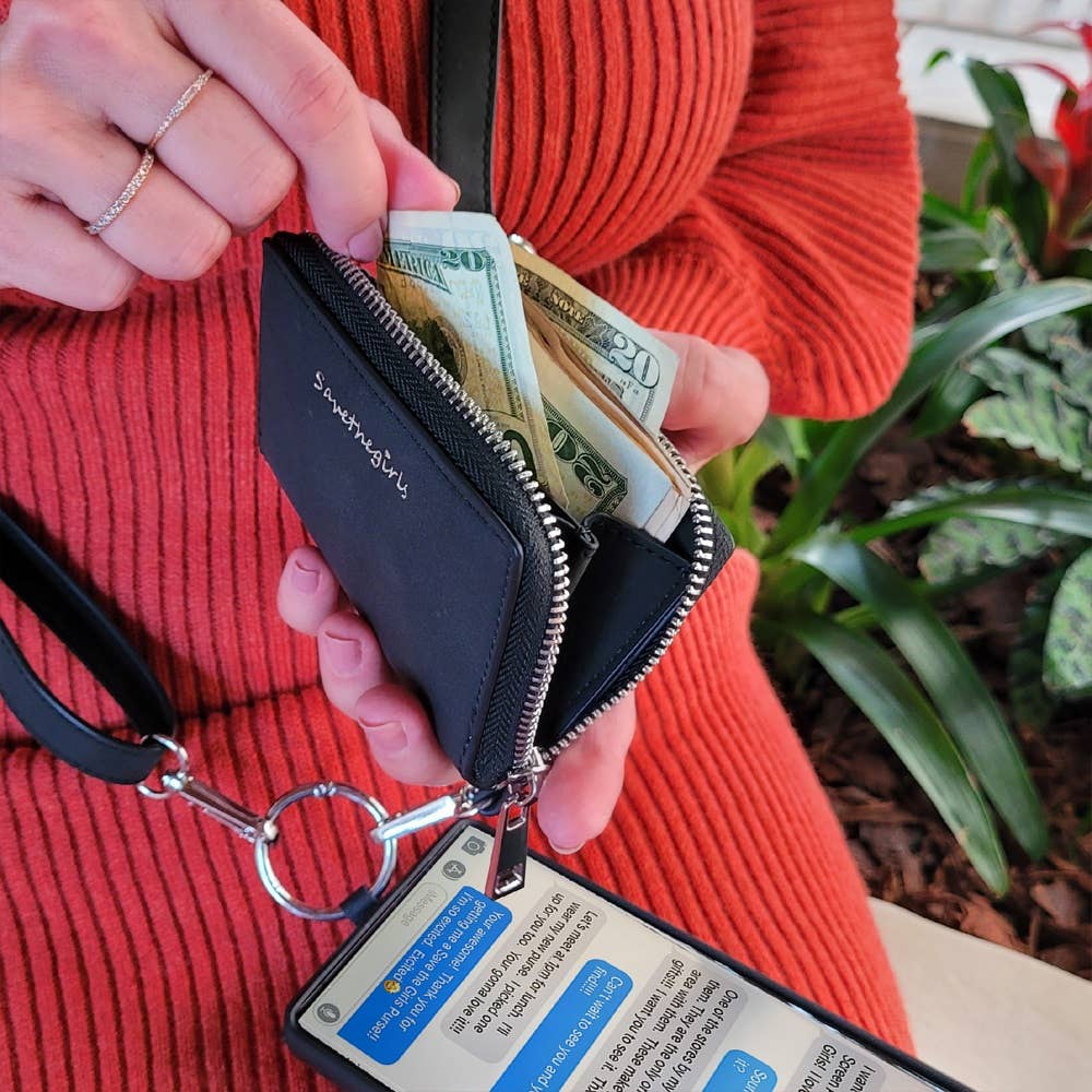 Clip &amp; Go Brushed Vegan Leather Phone Lanyard - Rfid Pouch