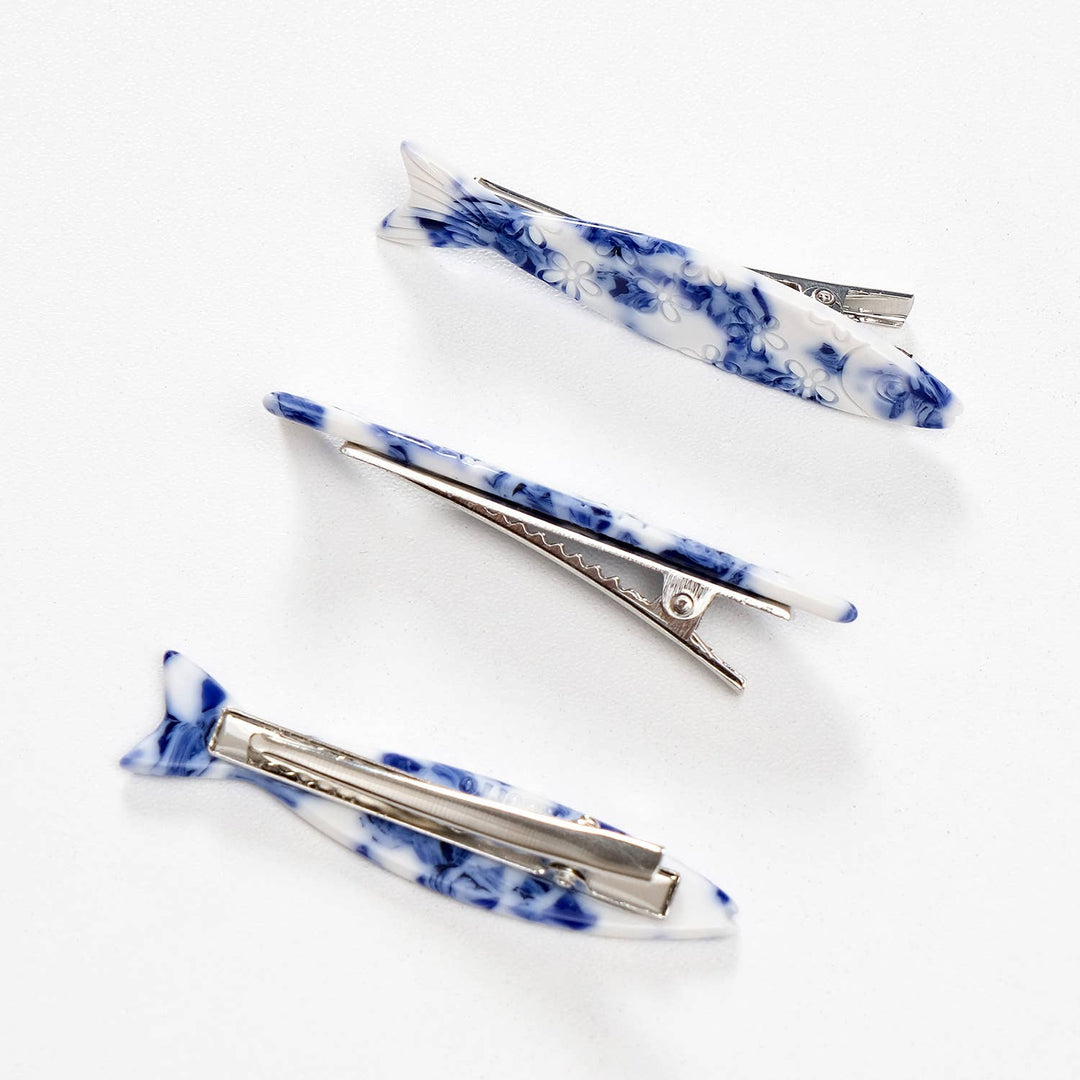 Coastal Blue Floral Sardine Fish Barrette Hair Clip